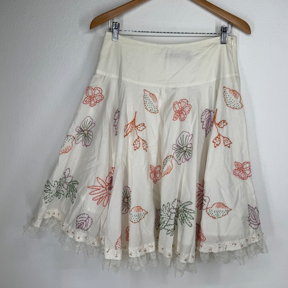 Kapalua White Cotton Embroidered Beaded Lace Trim Midi Skirt 6 Boho Fairy Folk
